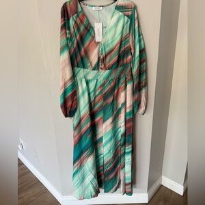 New Green Colorful Sundress with Bishop Sleeves